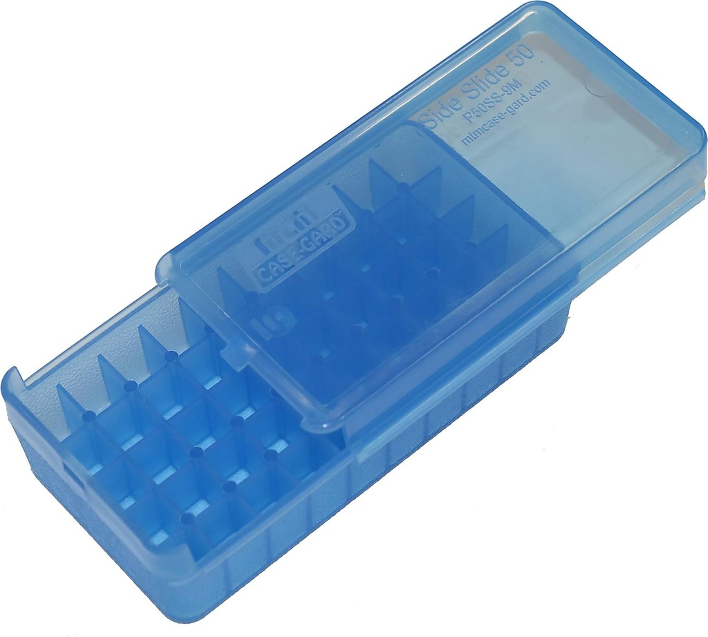 CAJA PARA CARTUCHOS MTM PISTOLA 50 PZAS 9MM LUGER Y MAKAROV, 380 ACP, .30 LUGER P50-9M-24