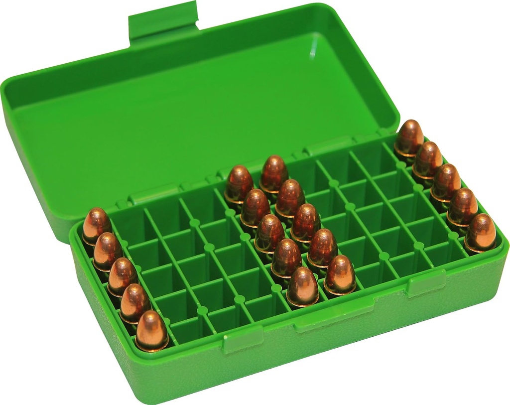 CAJA PARA CARTUCHOS MTM PISTOLA 50 PZAS 9MM LUGER Y MAKAROV, 380 ACP, .30 LUGER P50-9M-10