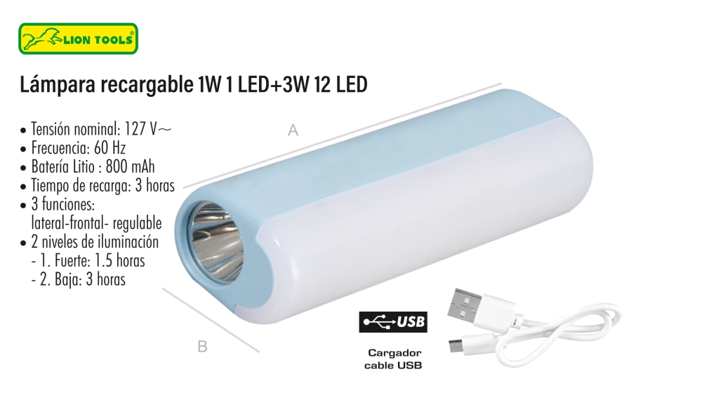 LINTERNA LION TOOLS RECARGABLE 1W 1 LED + 3W 12 LED 8828